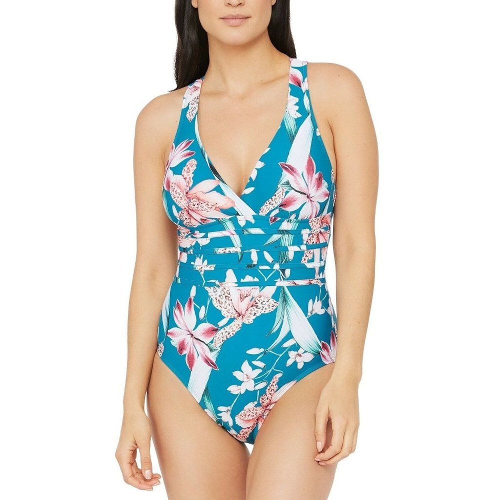 LA BLANCA Cross Back Orchid Floral Print One-Piece Swimsuit 16 NEW $129